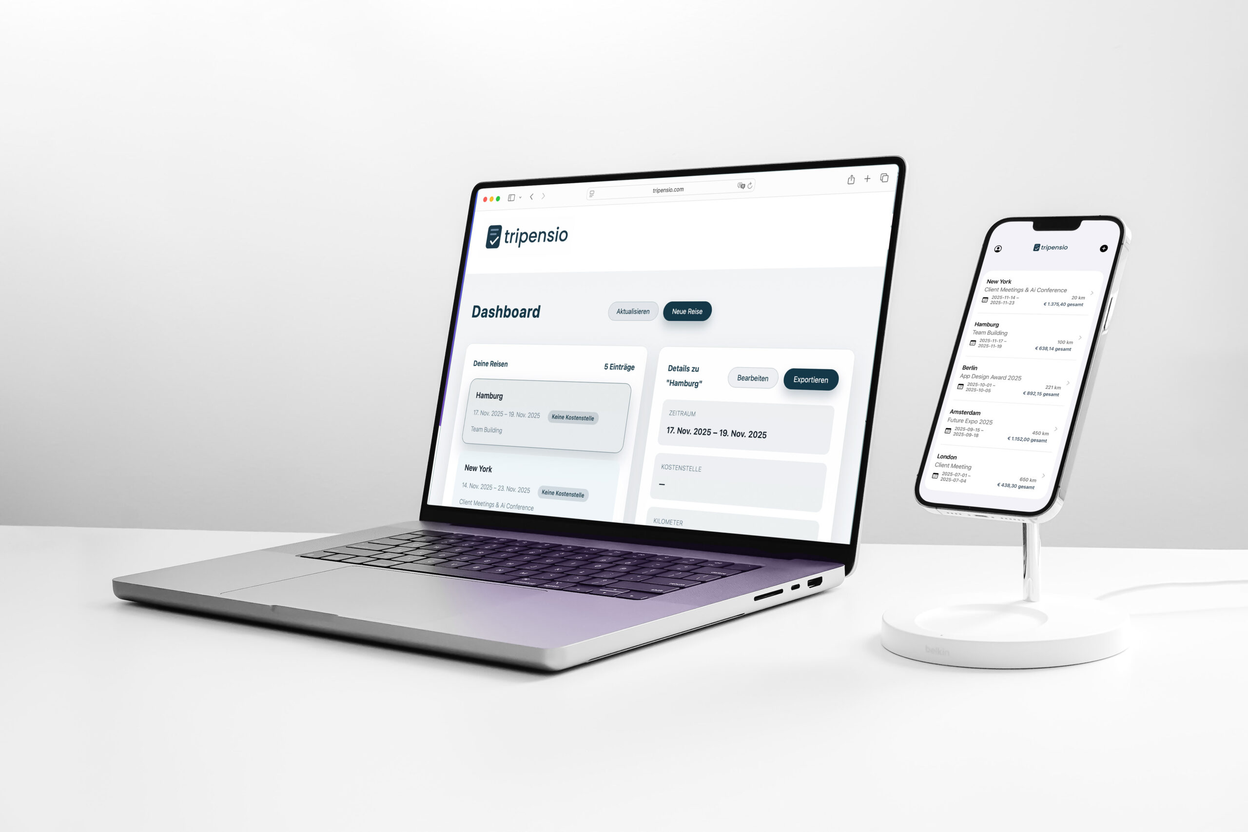 Tripensio Export Dashboard am Laptop und Tripensio Reisekosten App auf dem Smartphone Tripensio Export Dashboard am Laptop und Tripensio Reisekosten App auf dem Smartphone